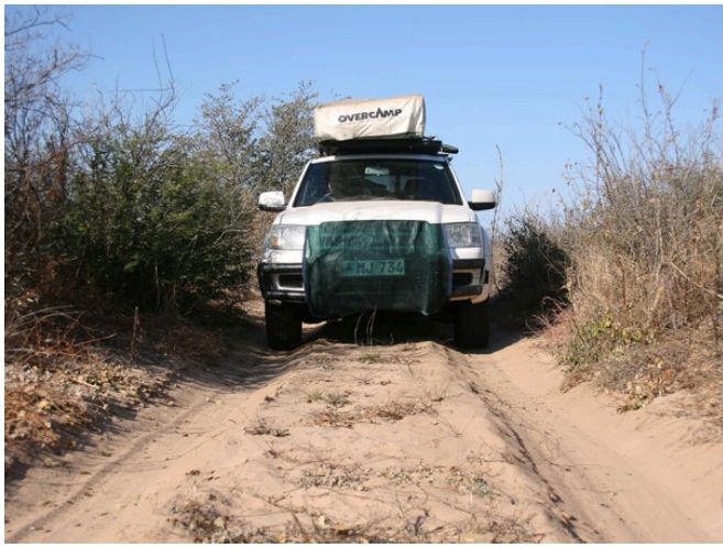 Reisefahrzeug auf sandiger Piste in Botswana