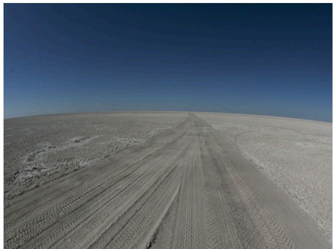 Spuren durch eine weisse Salzpfanne in Botswana