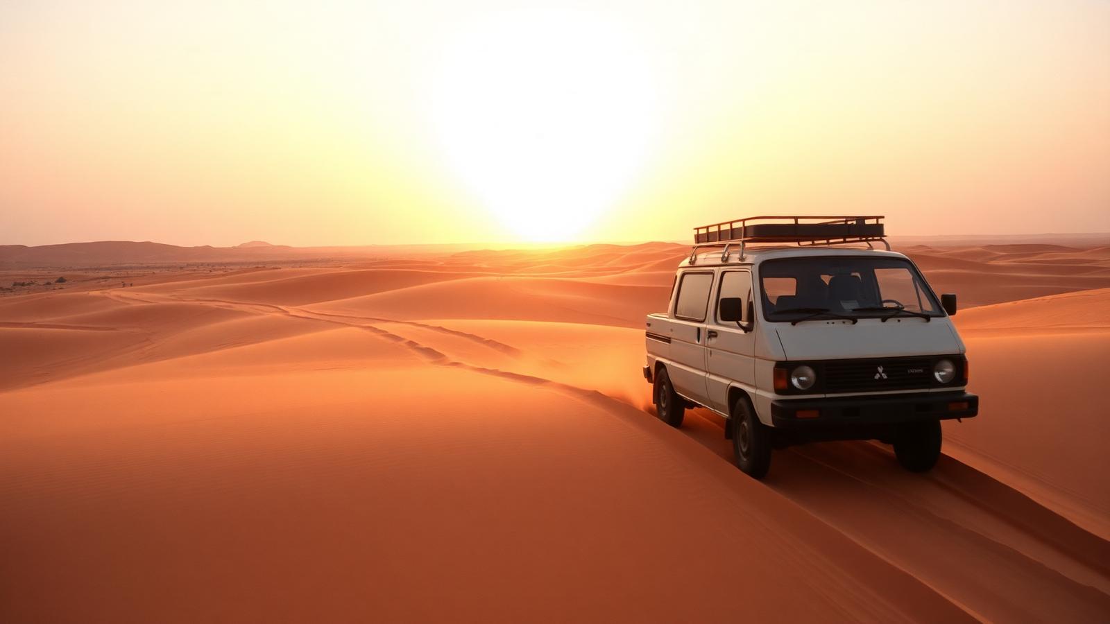 Mitsubishi-Wüstenbus auf einer Düne im Ubari Erg bei Sonnenuntergang